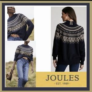 NWT Joules Elvie Navy and Cream Fair Isle Embellished Jumper Size 8